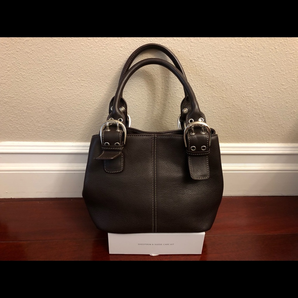 Tignanello Genuine Leather Chocolate Brown Silver-tone Buckles Handbag